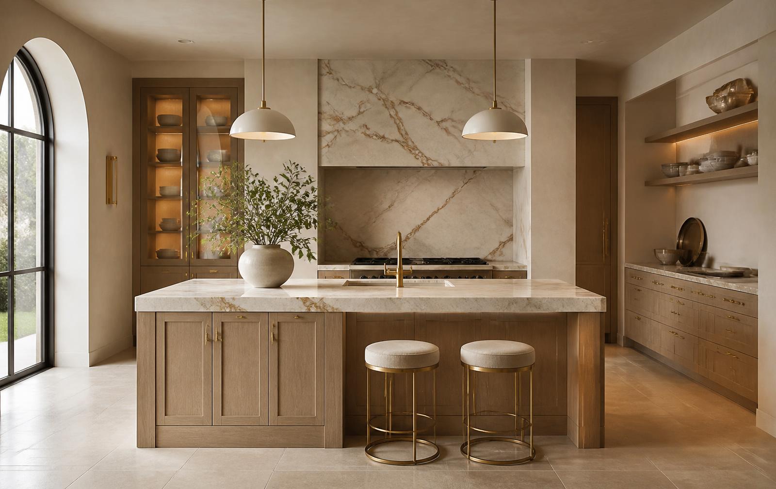 Custom timber and stone kitchen cabinetry in a warm showroom interior